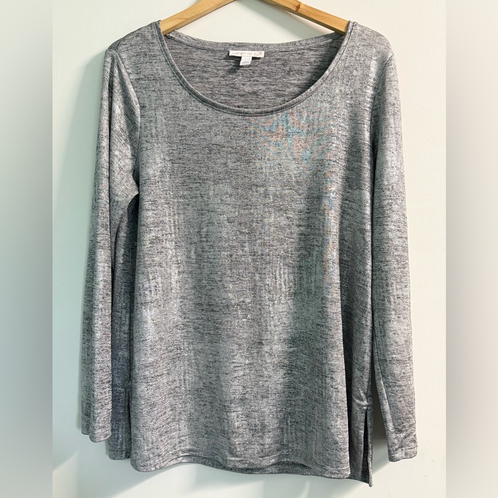 Westport Metallic Burnout Top Women’s L Silver Gray Sheer Long Sleeve
